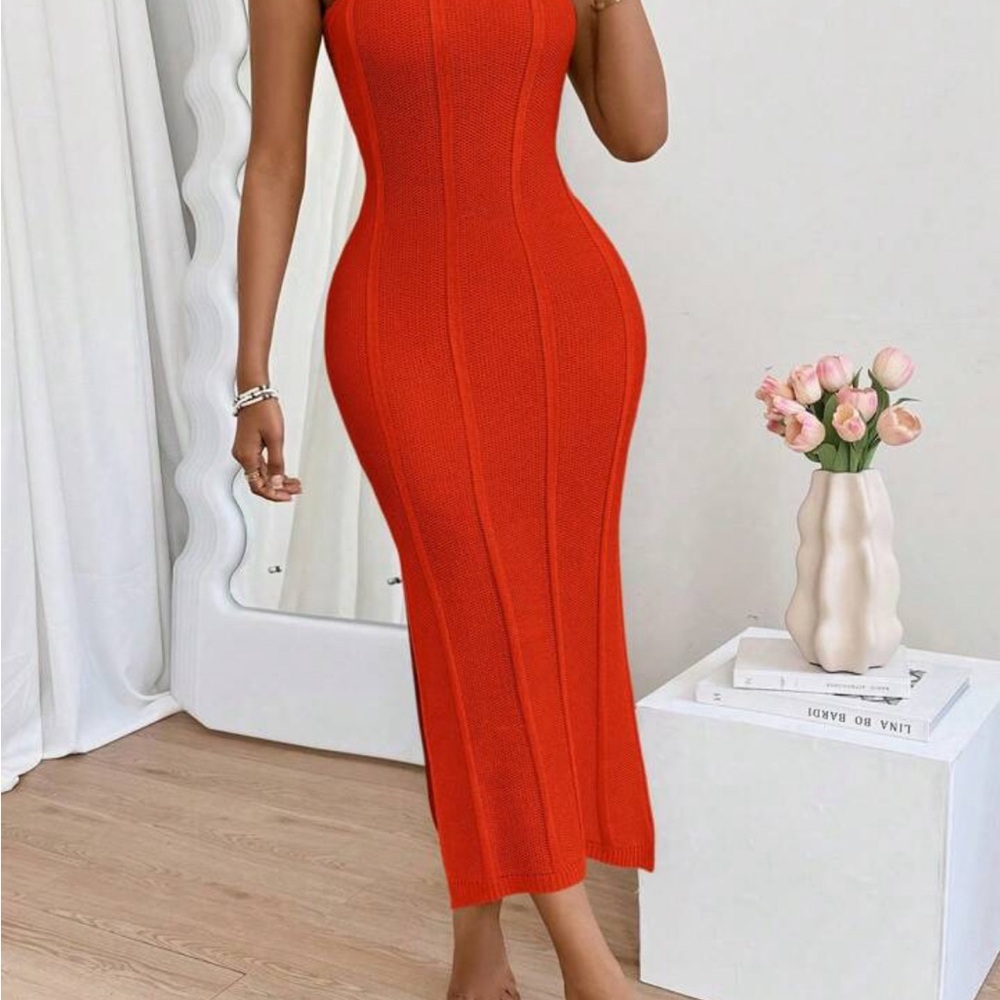 Shein Summer Side Slit Bodycon Knitted Sweater Dress With Spaghetti Strape